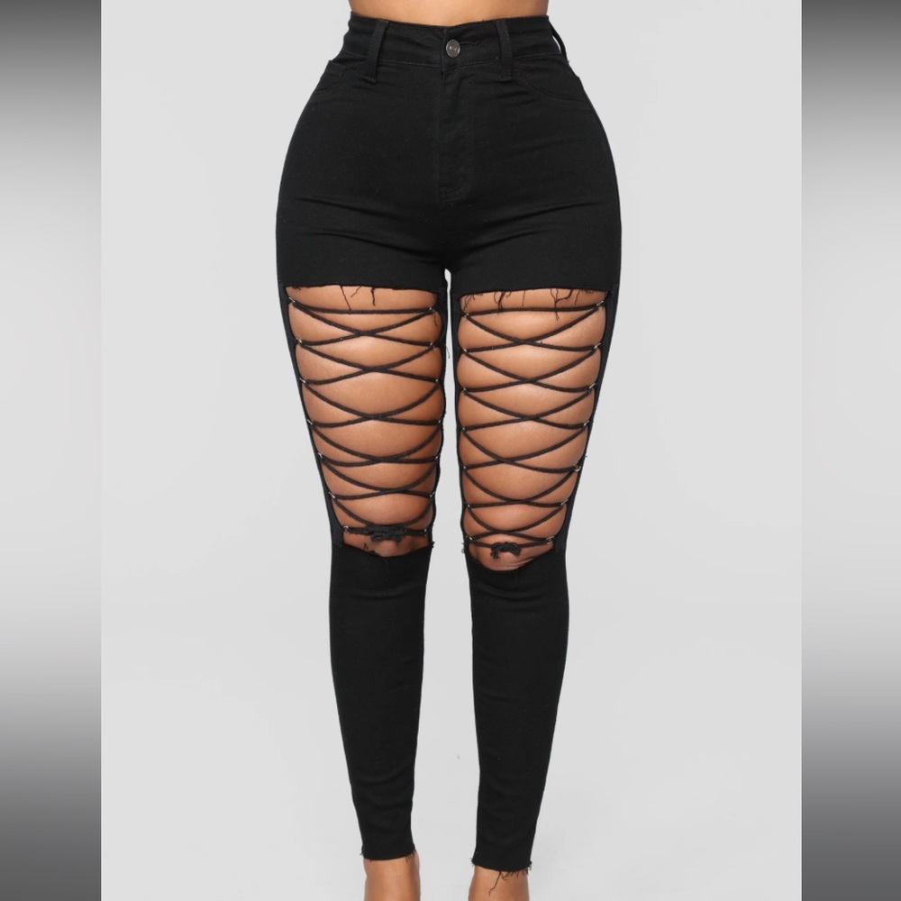 High Rise Black Lace Up Skinny Jeans, Size: 3